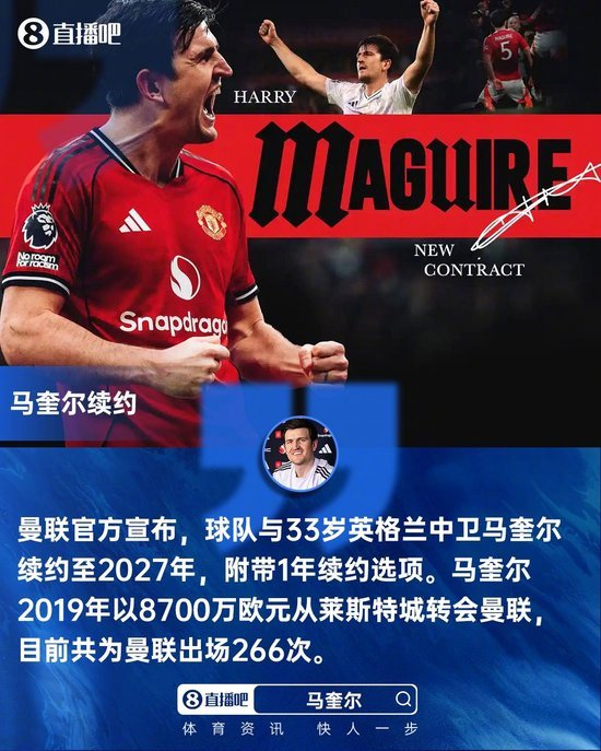 曼联中卫马奎尔续约至2027年锁定未来八年